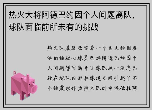 热火大将阿德巴约因个人问题离队，球队面临前所未有的挑战
